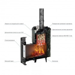 Банная печь "Атмосфера L" в ламелях из змеевика + верхняя сетка 24м³